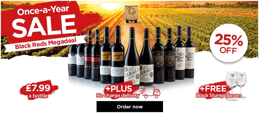 Once-a-year SALE Black Reds Megadeal - 25% - £7.99 a bottle + PLUS No charge delivery + FREE Black Stumps glasses