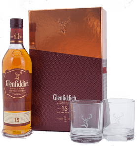 Glenfiddich 15 year-old Scotch Whisky Gift Set with 2 glasses (70cl) NV