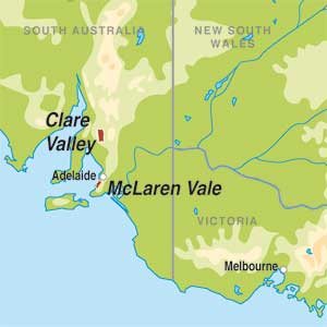Map showing Clare Valley and McLaren Vale