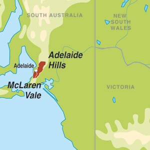 Map showing McLaren Vale and Adelaide Hills