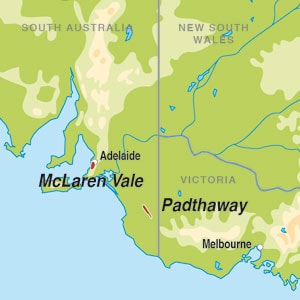 Map showing McLaren Vale and Padthaway
