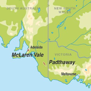 Map showing McLaren Vale and Padthaway