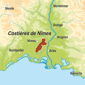 Map showing Costières de Nîmes AOP