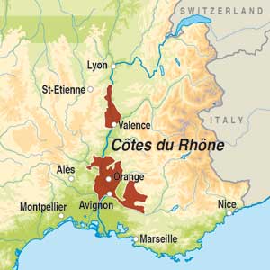 Map showing Côtes du Rhône AOP