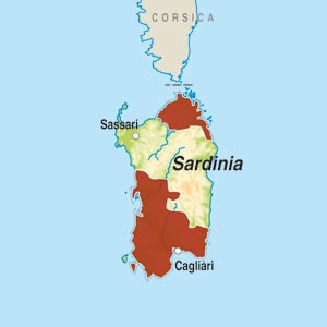 Map showing Cannonau di Sardegna DOC Jerzu